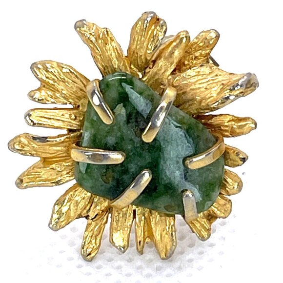 Vintage BSK Gold Tone Flower Sunburst Jade Stone Clip-On Earrings 50-60s Retro - Picture 5 of 12